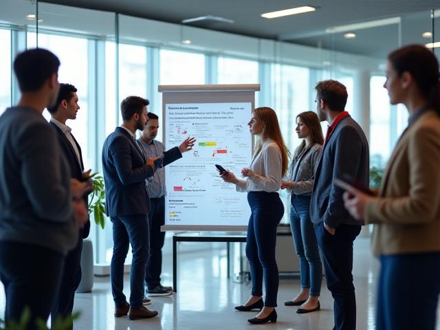 Un equipo de profesionales colaborando frente a una pizarra digital, símbolo de innovación y eficiencia.
